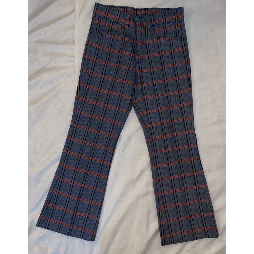 Men's 70's Vintage Sears Put on Shop Flare Bell bottom Blue/Red/yellow Plaid 29